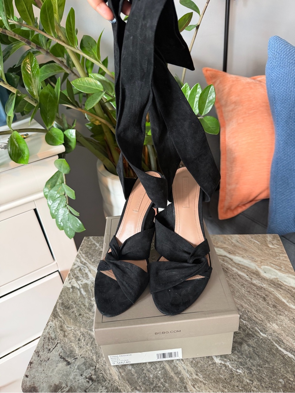 BCBG Black Suede Wrap Tie Heels